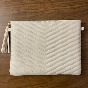 Beige Trendy Vegan Leather Clutch Purse with Wristlet and Shoulder Strap